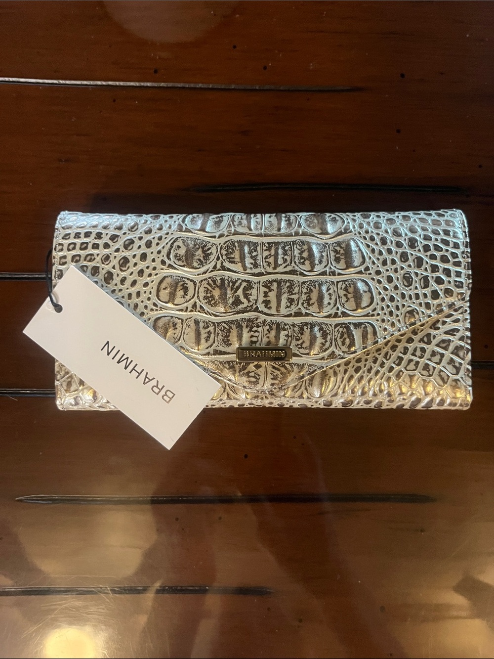 Brahmin Silver Croc-Embossed Envelope Clutch